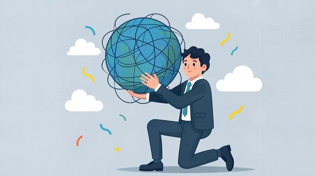 Businessman holding a tangled ball representing complexity and business challenge