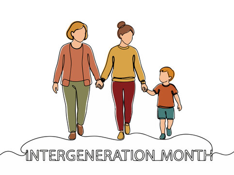 Intergeneration Month line art illustration of three generations walking together isolated on a white background for diversity awareness themes.