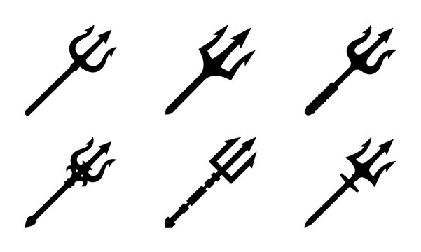 Six Black Trident Icons, Mythological Weapon Symbols, Ancient Power Tools, Vector Graphics