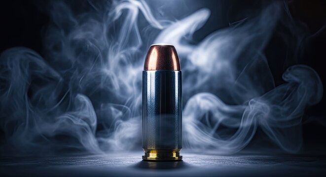 Bullet standing in cold blue-tinted smoke and haze.