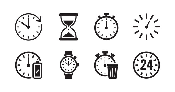 Set of eight diverse time related icons including clocks watches stopwatch and twenty four hour sign.