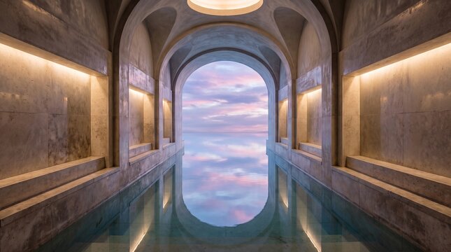 Luxurious Interior Pool Room Vaulted Arches Reflecting Pastel Sunset Sky View