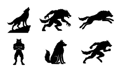 Obraz premium Werewolf Silhouettes Collection: Mythical Creature Poses, Fantasy Horror Vector Icons