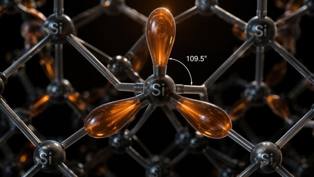 Close up of silicon crystal lattice with translucent orange tetrahedral orbital lobe on dark background showing degree angle label for science