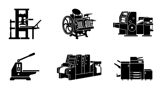 Vintage Printing Press Icons, Retro Lithography Machines, Industrial Offset Presses, Modern Copy Machines