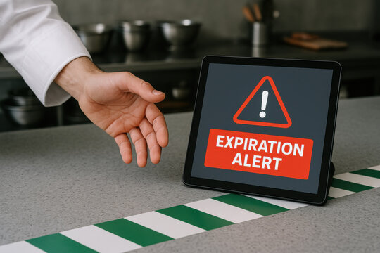 Hand near tablet displaying expiration alert warning with food safety zone marked on counter in kitchen environment