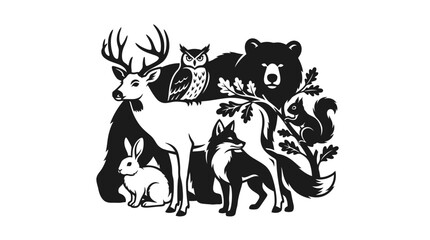 Naklejka premium Group of Wild Forest Animals Silhouette Illustration