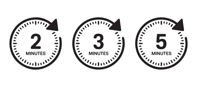 Set of black minute timer icons with numbers and circular arrows on transparent background for countdowns.