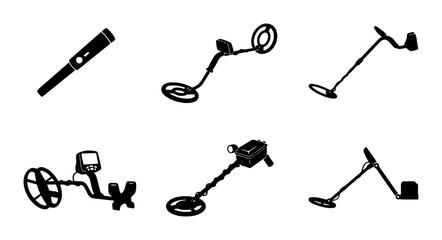 Obraz premium Metal Detector Icons Set, Treasure Hunting Equipment Vector Graphics, Search Tools Collection