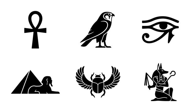 Ancient Egyptian Symbols Vector Icons: Ankh, Horus, Eye of Ra, Pyramid, Scarab, Anubis
