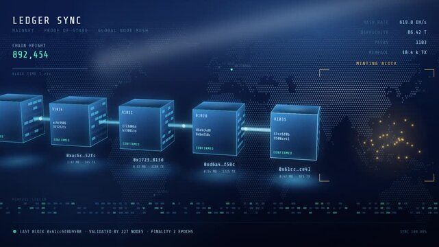 Blockchain ledger visualization with connected glowing blocks and proof of stake network animation
