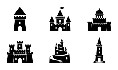 Castle Icons Set, Medieval Fortress Vector Graphics, Fantasy Kingdom Architecture Symbols © Apurbo