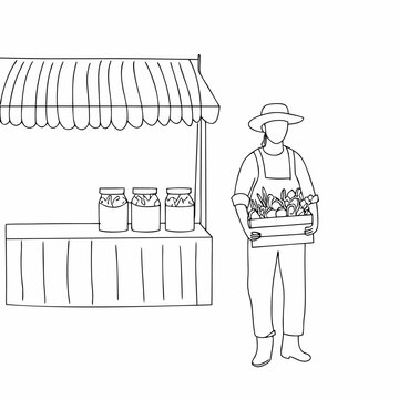farmer at market stall line drawing minimalist illustration black white vendor produce jars