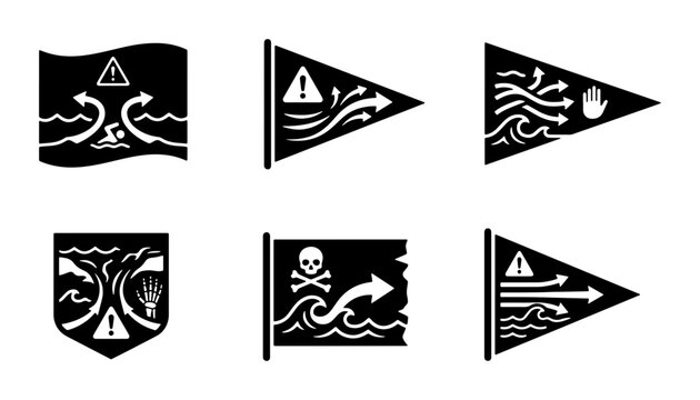 Marine Warning Flags, Nautical Hazard Symbols, Water Safety Icons, Set of 6 Vector Graphics