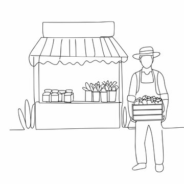 farmer at market stall line art minimalist drawing black white illustration vendor produce