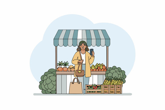 market scene with woman shopping at vegetable stand modern flat vector produce display