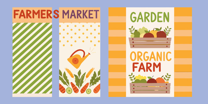 organic farm banners vector illustration farmers market garden vegetables carrots watering crate produce