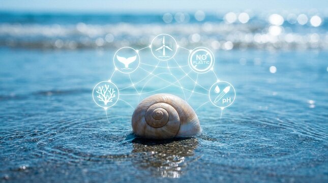 Snail shell on wet coastal sand featuring holographic interface with environmental icons for renewable energy zero plastic and marine ecosystem protection.