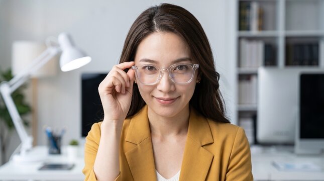 Close-up portrait of a confident Asian businesswoman wearing a mustard yellow blazer, gently holding and adjusting her clear frame glasses while looking directly at the camera in a modern office setup