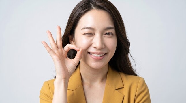 Close-up shot of a smiling East Asian woman in a yellow blazer winking and holding up an OK sign with her hand near her cheek, studio lighting.