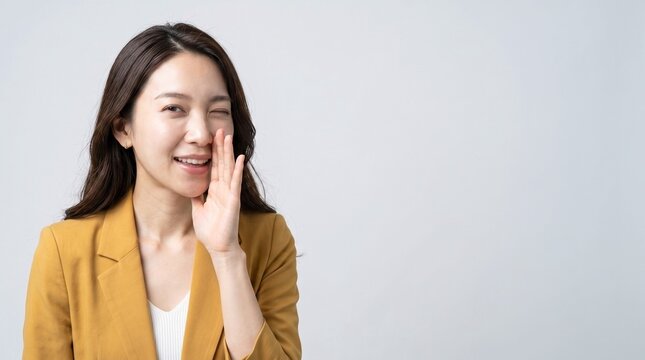 A friendly East Asian businesswoman in a yellow blazer winking and holding her hand beside her mouth as if whispering a secret or exclusive deal to the camera, studio shot on white background.