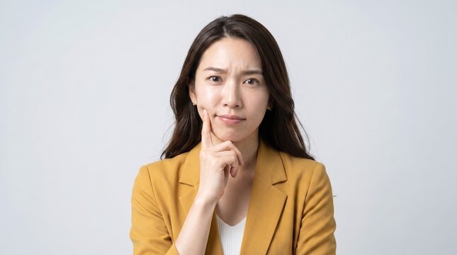 Studio portrait of an Asian woman in a yellow blazer resting her index finger on her cheek with a skeptical or worried thinking expression, isolated on a plain background.