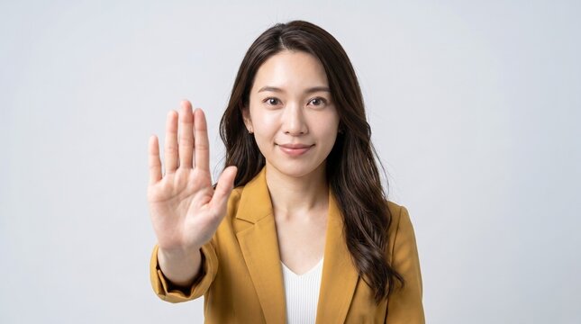 Front view portrait of a calm Asian businesswoman extending her open palm forward in a stop, warning, or rejection gesture towards the camera.