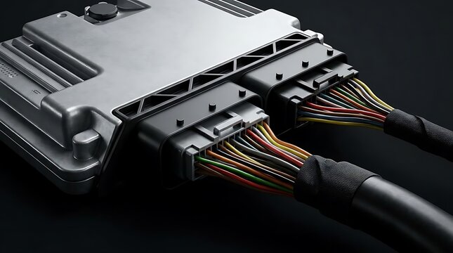 Professional automotive electronic control unit hardware for autosar class prompt engineer highlighting intricate wire harnesses and industrial design.