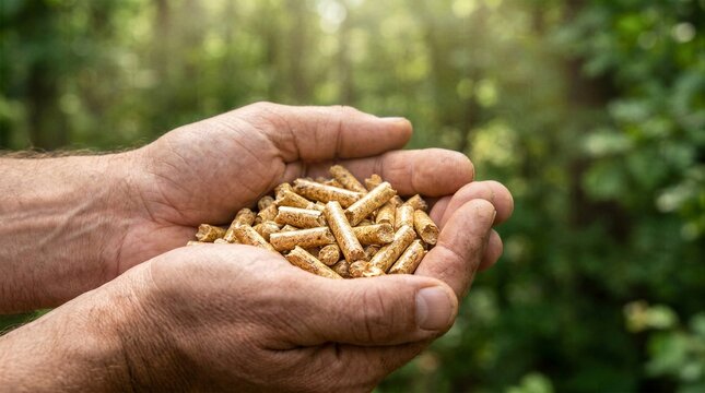 Close up of working hands holding wooden biomass pellets outdoors advocating for renewable alternative heating fuel.