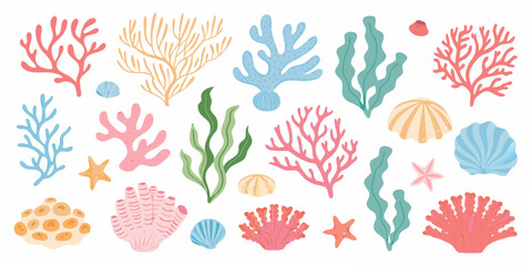 Coral Reef Illustration With Shells And Starfish Pastel Vector Design © Rakesh