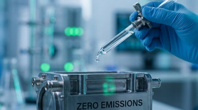 Scientist dropping liquid into zero emissions metallic testing chamber for environmental research.