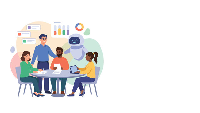 Diverse team collaborating around a table using AI and digital tools.