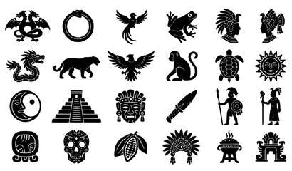 Fototapeta premium Mayan Inspired Vector Silhouette Collection with Double Headed Dragon Ouroboros Serpent King Profile Temple