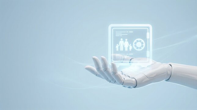 Cyborg hand presenting glowing digital vault icon containing family figures illustrating smart home security and automated wealth protection concepts.