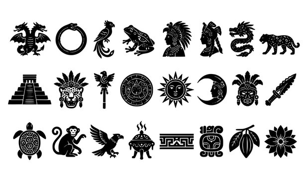 Ancient Mayan Vector Silhouettes Featuring Dragon Serpent King Bird Frog Temple and Tribal Cultural Symbols