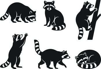 Obraz premium Set of cute raccoon characters in various poses presented in a flat black and white artistic silhouette