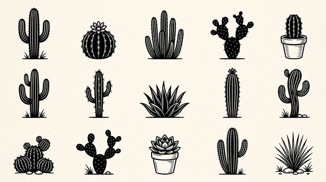 A stylish vector illustration set featuring multiple cactus silhouettes arranged in a clean grid composition on a light background. The collection showcases a variety of desert cactus species, includi