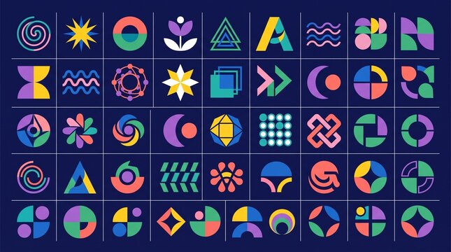 A vibrant and modern collection of abstract geometric icons displayed in a structured grid on a deep navy background. The composition features dozens of unique vector symbols crafted from circles, sem