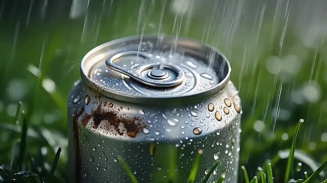 A refreshing aluminum beverage container sits nestled amidst moist green blades of grass while heavy summer rain showers fall gently upon the metallic surface to create a cool thirst quenching