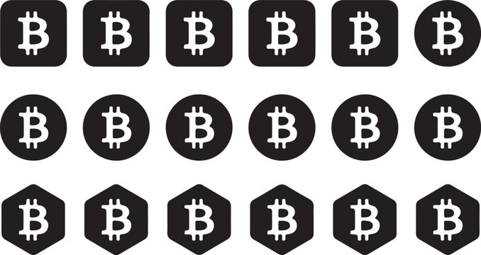 Modern bitcoin cryptocurrency icon set in three shapes