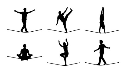 Fototapeta premium Balance, Yoga, Acrobatics: Silhouette Figures on Tightrope, 6 Poses, Vector Set