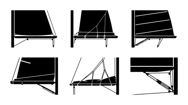 Awning Mechanisms, Retractable Shade Systems, Sunshade Engineering Diagrams, Black and White Vector Set