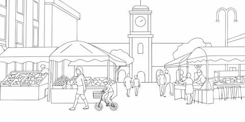 Obraz premium street market scene continuous line art food stalls people shopping outdoor activity illustration
