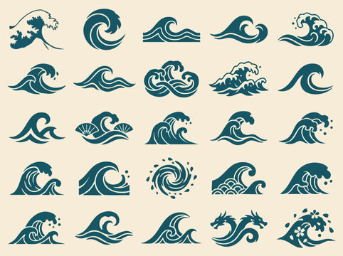 Japanese wave crest collection with traditional ocean wave elements in vintage Asian style featuring decorative sea curls flowing water symbols and elegant line art vector illustration set