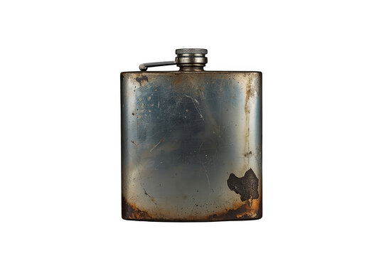 Square corroded vintage hip flask isolated on transparent background