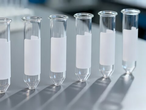 Empty glass test tubes with white labels arranged in a row on a laboratory table for scientific research and chemical analysis