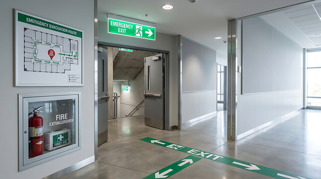 Safety fire exit hallway with emergency signage