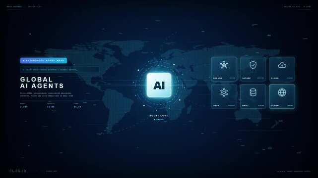 Global AI agents concept with digital world map and autonomous artificial intelligence network