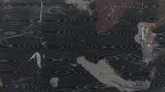 Abstract Dark Background with White Concentric Ripple Patterns and Blurry Night City Reflections