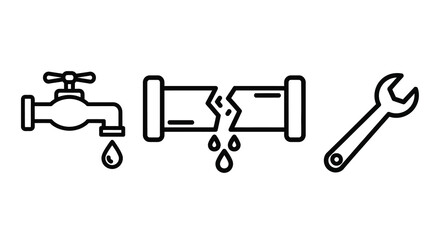 Fototapeta premium Faucet Broken Pipe And Wrench Line Icons On White Background